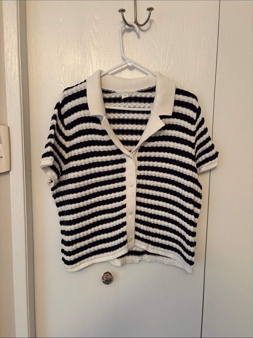 Navy & White Striped Knit Polo Cardigan